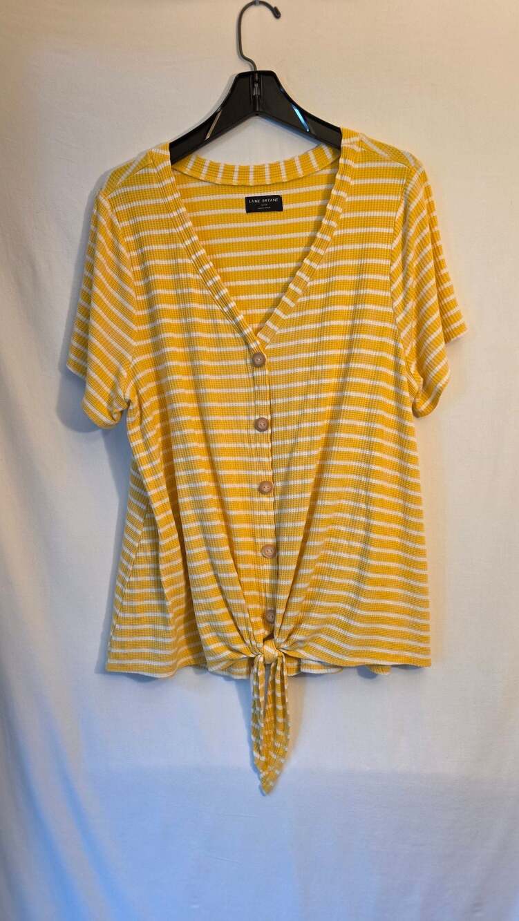 Lane Bryant Yellow & White Striped Tie-Front Top